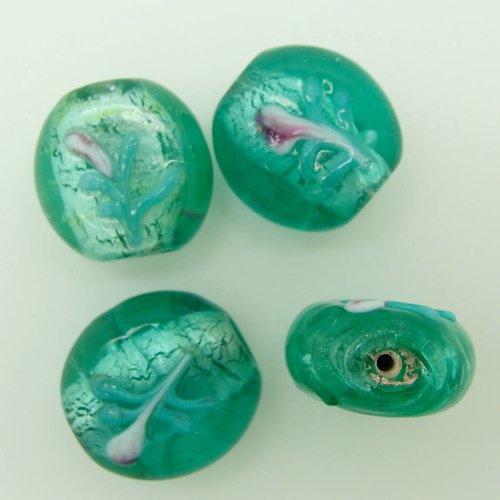 4 perles galets 15mm verre lampwork vert motif  fleurs
