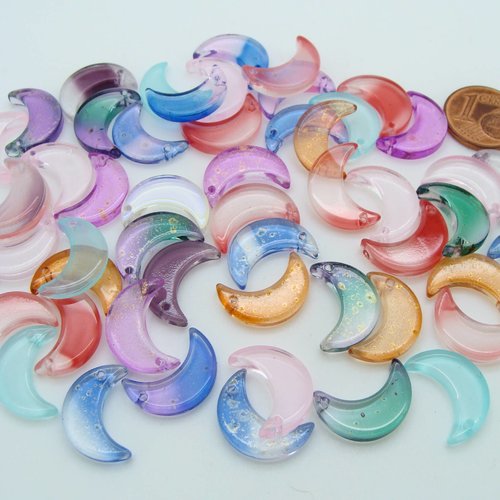 50 breloques croissant de lune mix couleurs verre 16mm charm perle