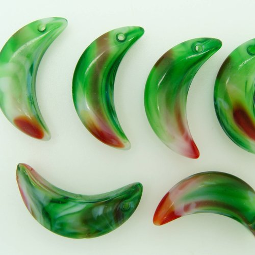 6 breloques croissant de lune vert rouge verre 22mm charm perle