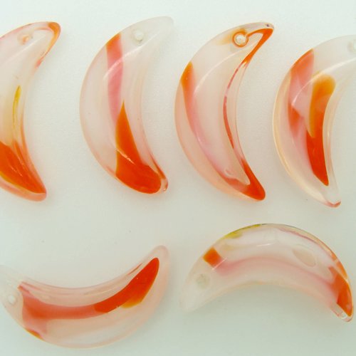 6 breloques croissant de lune orange blanc verre 22mm charm perle