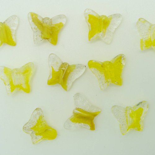 10 perles papillons 16mm verre jaune et transparent animal printemps