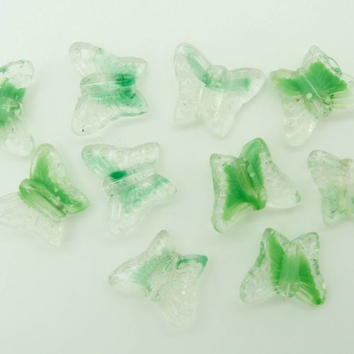 10 perles papillons 16mm verre vert et transparent animal printemps