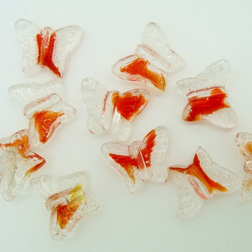 10 perles papillons 16mm verre rouge orangé et transparent animal printemps