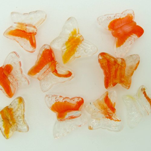10 perles papillons 16mm verre orange et transparent animal printemps