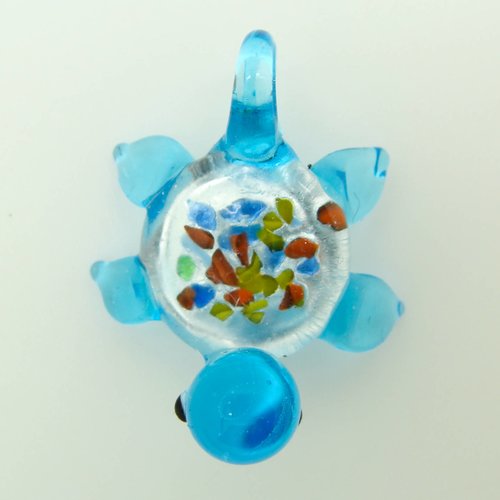 Mini pendentif tortue bleu animal 28mm en verre lampwork pour création de bijoux collier