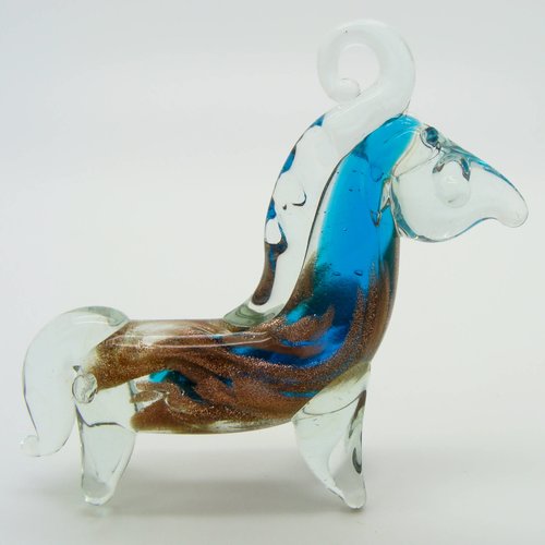 Pendentif cheval bleu doré et transparent animal 70mm en verre lampwork pour création de bijoux collier