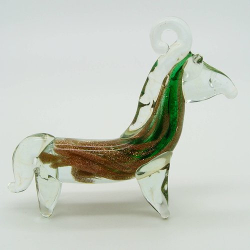 Pendentif cheval vert doré et transparent animal 70mm en verre lampwork pour création de bijoux collier