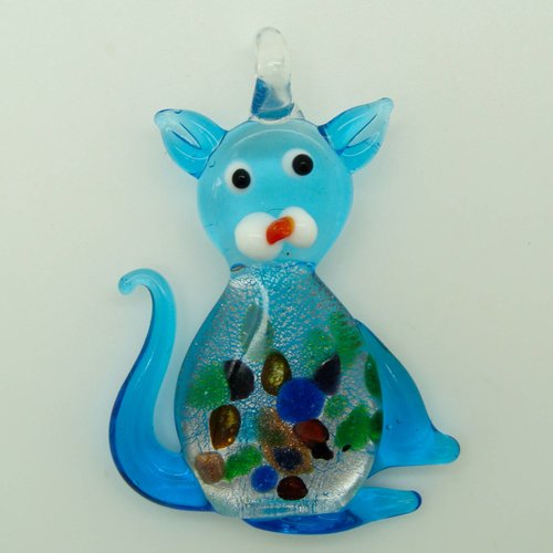 Pendentif chat bleu et feuille argentée animal 62mm en verre lampwork pour création de bijoux collier
