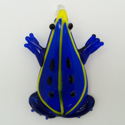 Pendentif grenouille bleu foncé rayure jaune animal 50mm en verre lampwork pour création de bijoux collier