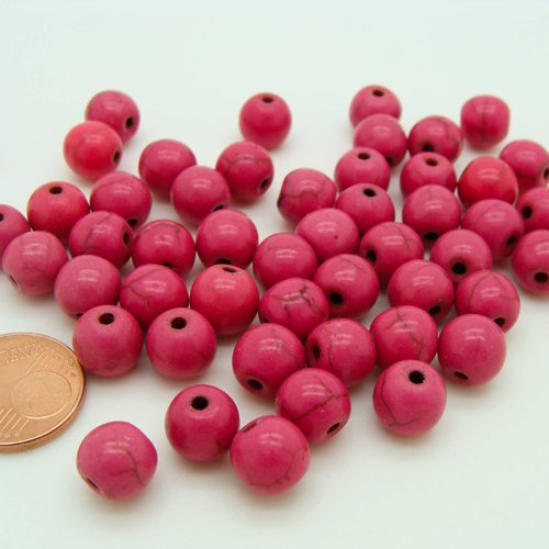 50 perles rondes 8mm rose fuchsia pierre reconstituée
