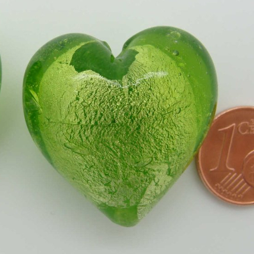 1 perle coeur 28mm vert olive verre façon murano feuille argentée diy création bijoux