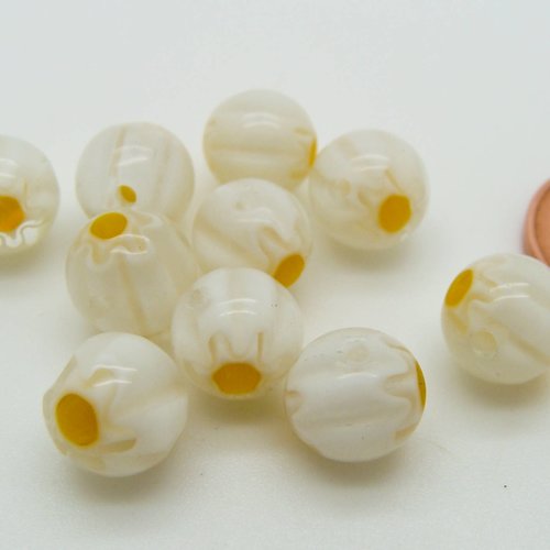 10 perles blanc fleur jaune rondes 8mm verre style millefiori diy création bijoux