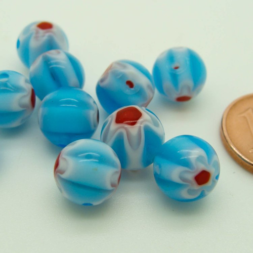 10 perles bleu fleur rouge rondes 8mm verre style millefiori diy création bijoux