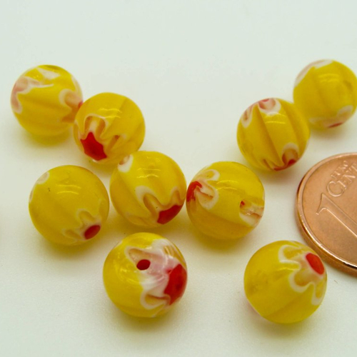 10 perles jaune fleur rouge rondes 8mm verre style millefiori diy création bijoux