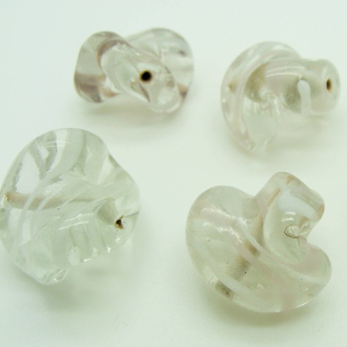 4 perles transparent motifs blancs verre 22x18mm lampwork ovale twist