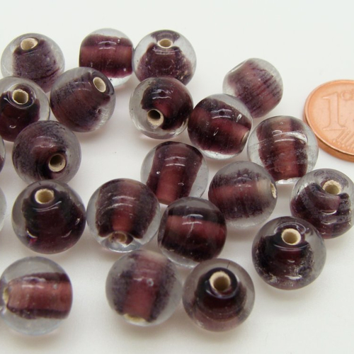 24 perles rondes 9mm violet et transparent verre lampwork diy création bijoux