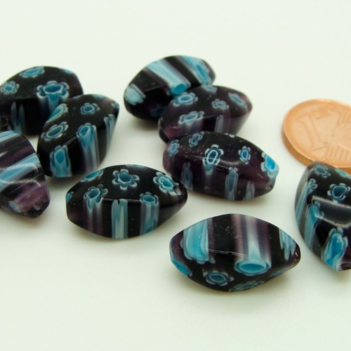 10 perles verre millefiori ovales 17mm noir fleur bleu vert création bijoux