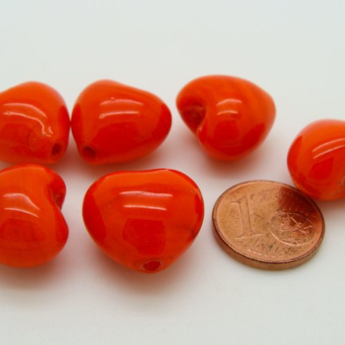 6 perles coeurs 16mm orange en verre création bijoux