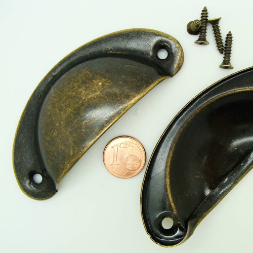 2 poignées coquille bronze antique vintage 81mm avec vis