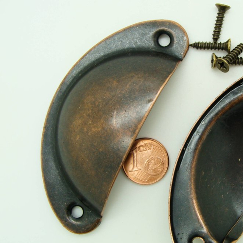 2 poignées coquille cuivre antique vintage 81mm avec vis