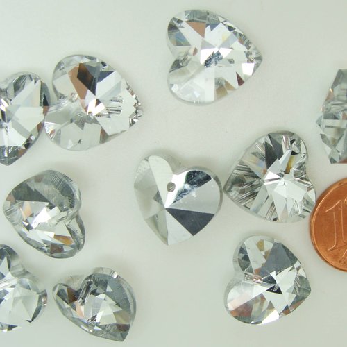 10 breloques coeur transparent 14mm verre facetté métallisé argenté charm perle