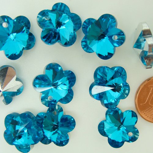 10 breloques fleurs bleu 13mm verre facetté métallisé argenté charm perle