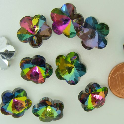 10 breloques fleurs irisé 13mm verre facetté métallisé argenté charm perle