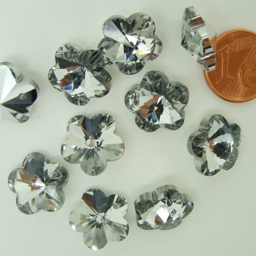 10 breloques fleurs transparent 13mm verre facetté métallisé argenté charm perle