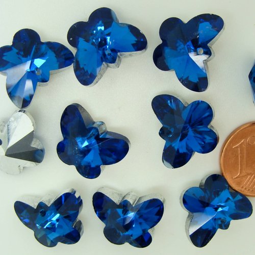 10 breloques papillon bleu foncé 15mm verre facetté métallisé argenté charm perle