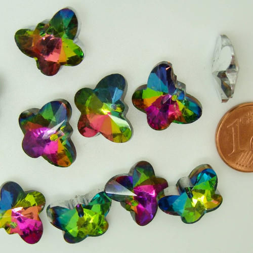 10 breloques papillon irisé 15mm verre facetté métallisé argenté charm perle