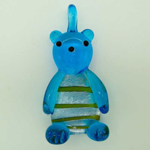 Pendentif nounours ourson bleu et feuille argentée animal 54mm en verre lampwork