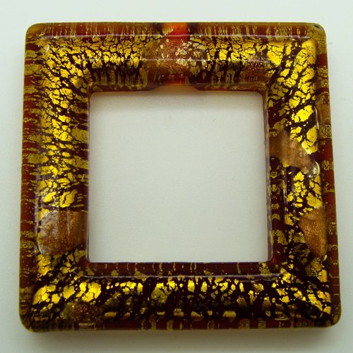 Pendentif carre cadre rouge doré 40mm verre feuille argenté