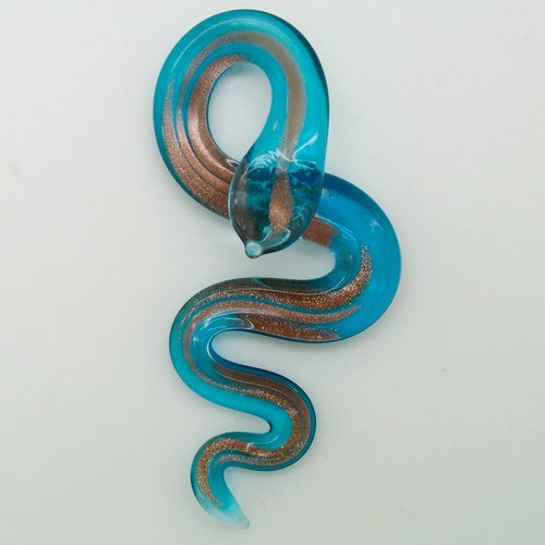 Pendentif serpent bleu et doré 58mm animal en verre lampwork pour création de bijoux collier