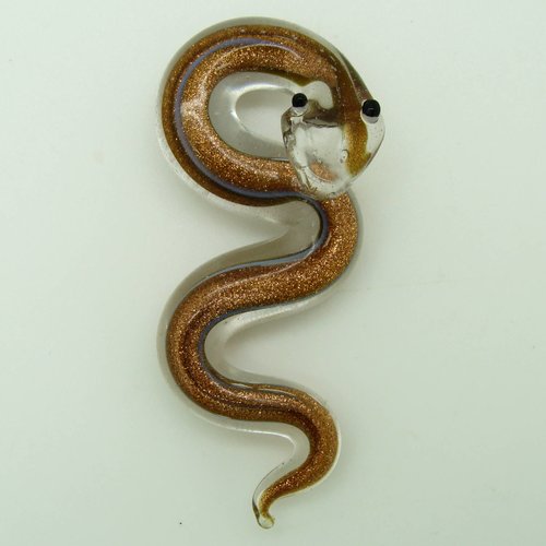 Pendentif serpent doré avec yeux rayures bleus 58mm animal en verre lampwork pour création de bijoux collier