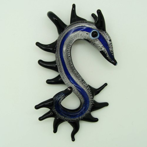 Pendentif grand dragon serpent 9 cm noir feuille argentée animal en verre lampwork pour création de bijoux collier
