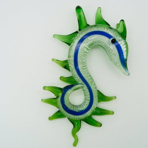 Pendentif grand dragon serpent 9 cm vert feuille argentée animal en verre lampwork pour création de bijoux collier