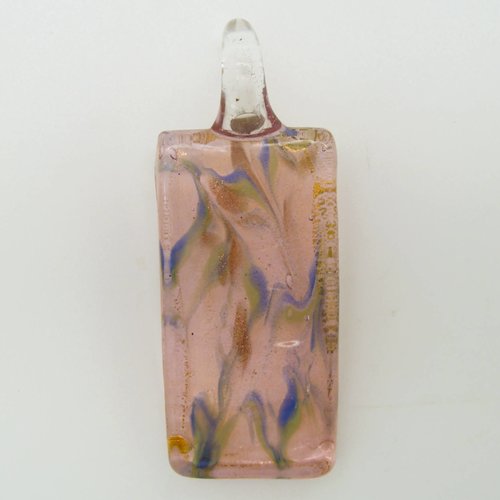 Pendentif rectangle rose 52mm verre avec motifs aléatoires et fond doré