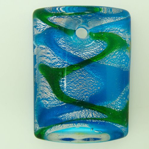 Pendentif rectangle bombé zizag bleus et verts 45mm verre avec feuille argentée