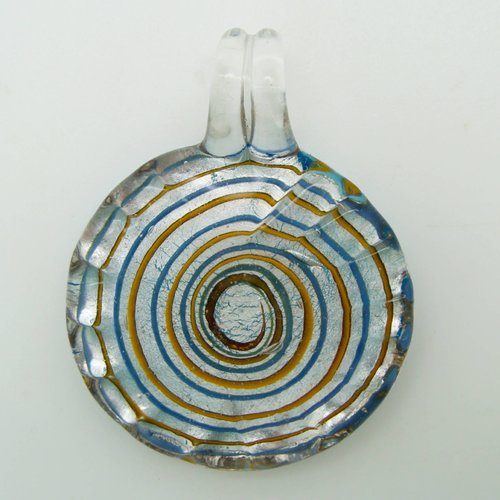 Pendentif rond bord strié motif spirale marron bleu 35mm verre silver foil