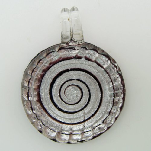 Pendentif rond bord strié motif spirale noir violet 35mm verre silver foil