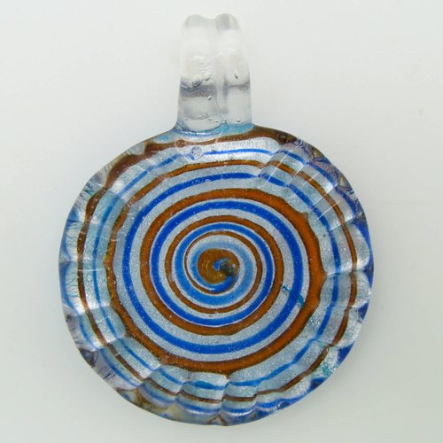 Pendentif rond bord strié motif spirale bleu orange 35mm verre silver foil