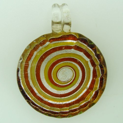 Pendentif rond bord strié motif spirale marron 35mm verre silver foil