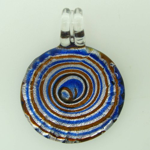 Pendentif rond bord strié motif spirale bleu marron 35mm verre silver foil