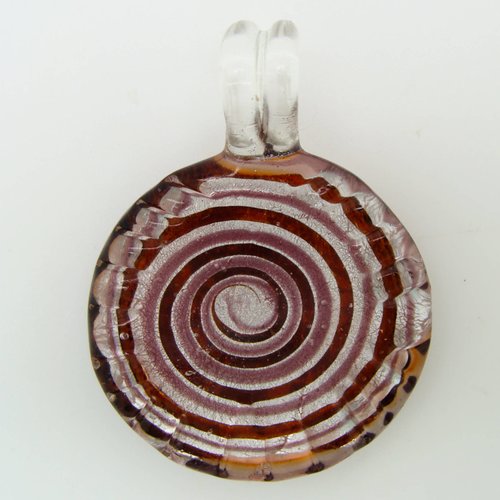 Pendentif rond bord strié motif spirale marron violet 35mm verre silver foil