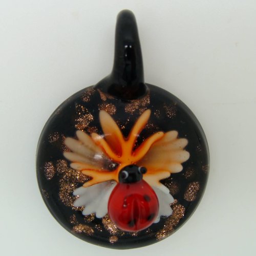 Pendentif rond bombé fleur papillon orange coccinelle en relief 45mm verre lampwork