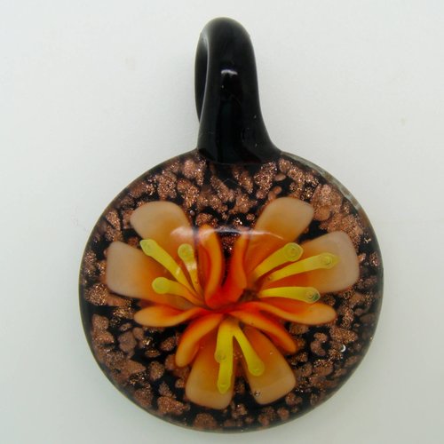 Pendentif rond bombé fleur orange 3 pétales 43mm verre lampwork