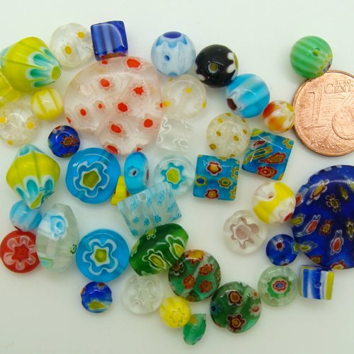 Lot 41 perles verre millefiori mix tailles formes et couleurs aléatoires création bijoux