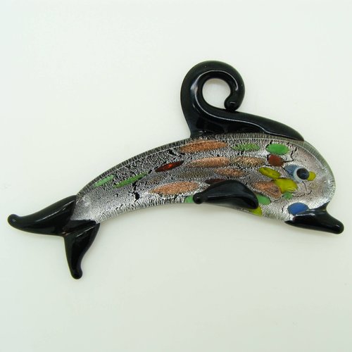 Pendentif dauphin noir et feuille argentée animal 70mm en verre lampwork
