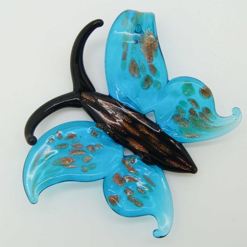 Pendentif papillon bleu et noir touches dorées animal en verre lampwork