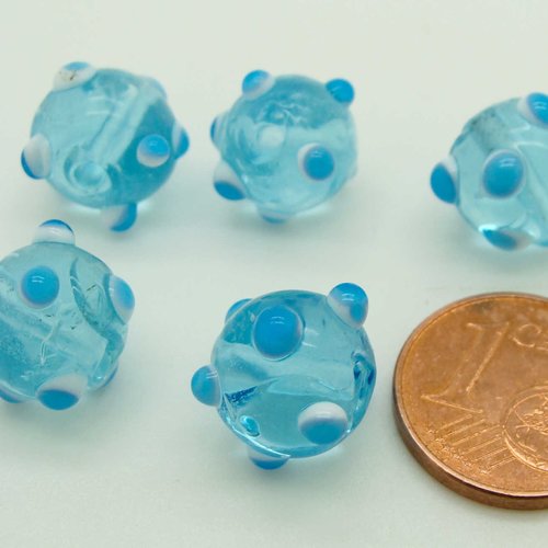 5 perles bleues 10mm avec picots bicolores verre lampwork